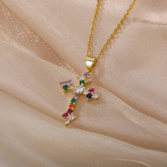 Multicolor Cross Necklaces For Women Shiny Zircon Cross Pendant Choker Couple Necklace Christmas Party Aesthetic Jewelry Gift