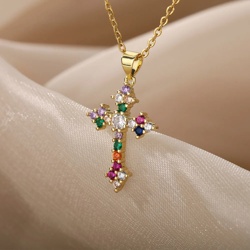 Multicolor Cross Necklaces For Women Shiny Zircon Cross Pendant Choker Couple Necklace Christmas Party Aesthetic Jewelry Gift