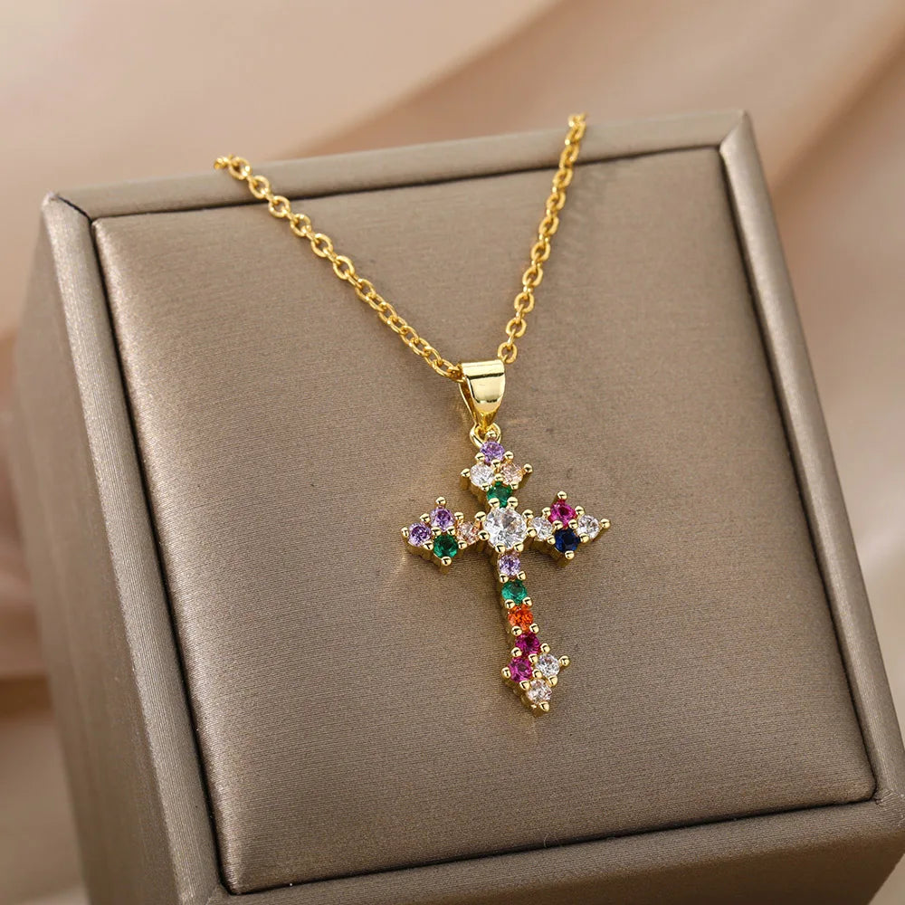 Multicolor Cross Necklaces For Women Shiny Zircon Cross Pendant Choker Couple Necklace Christmas Party Aesthetic Jewelry Gift