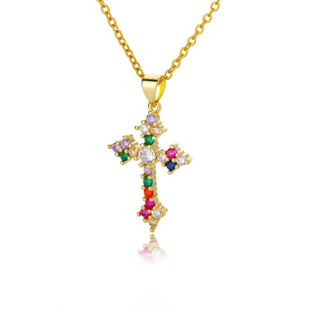 Multicolor Cross Necklaces For Women Shiny Zircon Cross Pendant Choker Couple Necklace Christmas Party Aesthetic Jewelry Gift