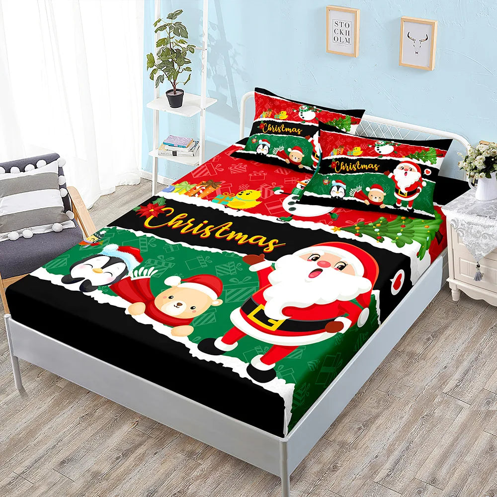 Christmas Fitted Sheet Set Cartoon Santa Claus Mattress Cover With Elastic Twin Full Queen King Size For Kids Boys Bed Linen