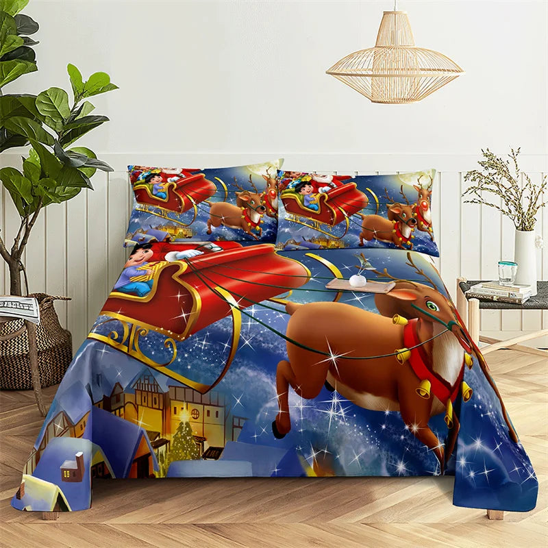 Santa Claus Queen Sheet Set Kid's Flat Sheet Boys and Girls Bed Sheets and Pillowcases Christmas Gifts Bed Sheet Set Bedding Set