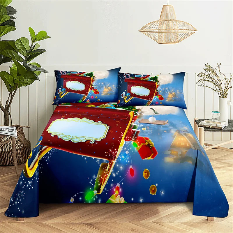 Santa Claus Queen Sheet Set Kid's Flat Sheet Boys and Girls Bed Sheets and Pillowcases Christmas Gifts Bed Sheet Set Bedding Set