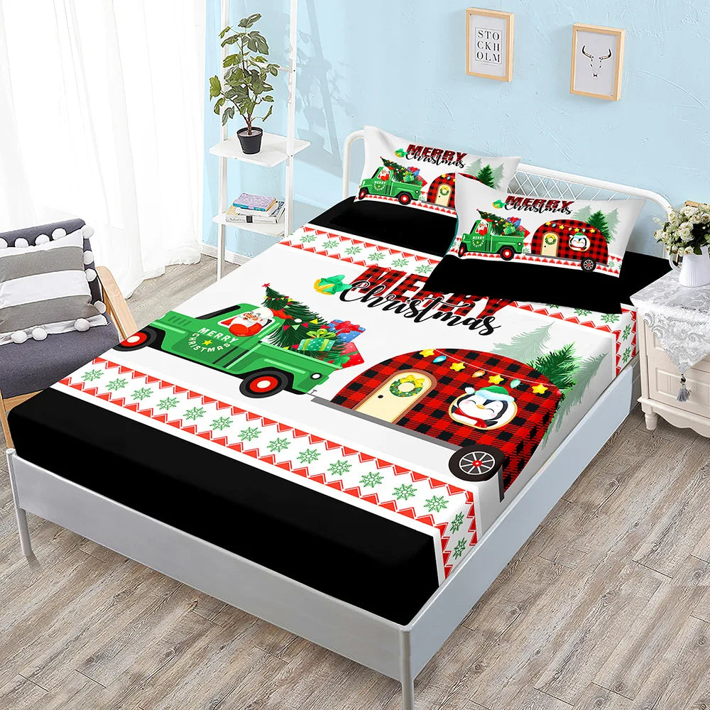 Christmas Fitted Sheet Set Cartoon Santa Claus Mattress Cover With Elastic Twin Full Queen King Size For Kids Boys Bed Linen