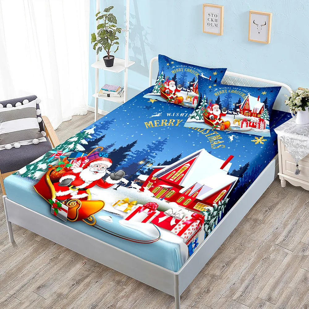 Christmas Fitted Sheet Set Cartoon Santa Claus Mattress Cover With Elastic Twin Full Queen King Size For Kids Boys Bed Linen