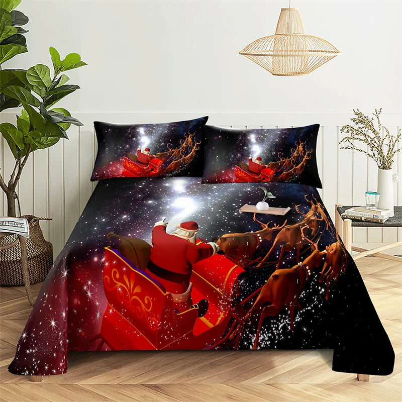 Santa Claus Queen Sheet Set Kid's Flat Sheet Boys and Girls Bed Sheets and Pillowcases Christmas Gifts Bed Sheet Set Bedding Set