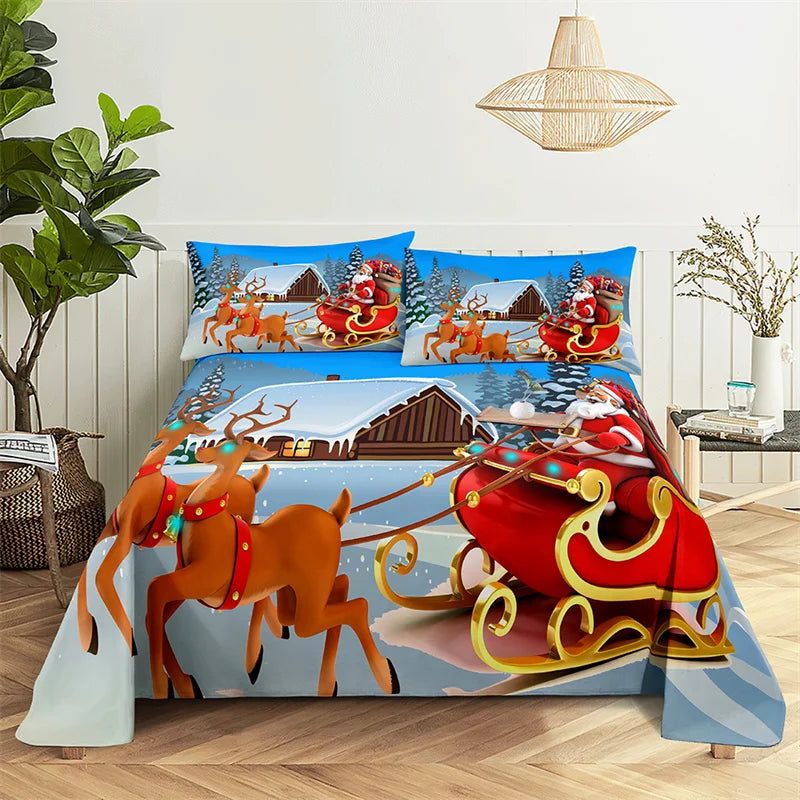 Santa Claus Queen Sheet Set Kid's Flat Sheet Boys and Girls Bed Sheets and Pillowcases Christmas Gifts Bed Sheet Set Bedding Set