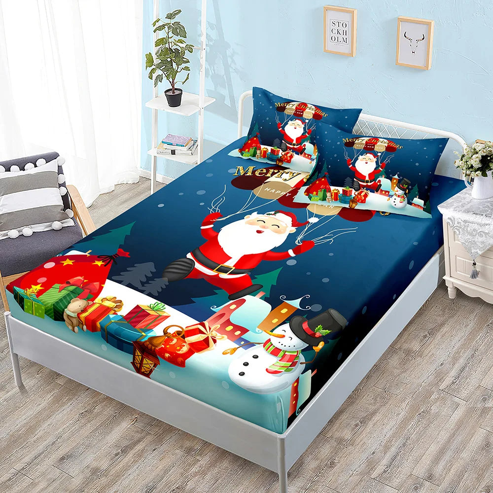 Christmas Fitted Sheet Set Cartoon Santa Claus Mattress Cover With Elastic Twin Full Queen King Size For Kids Boys Bed Linen